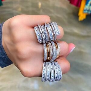 Sterling Silver Baguette Cubic Zircon Multilayer Cross Over Statement Ring